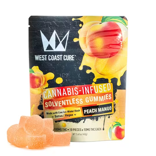 Peach Mango Flavored Solventless Gummies – 10x 10mg/gummy