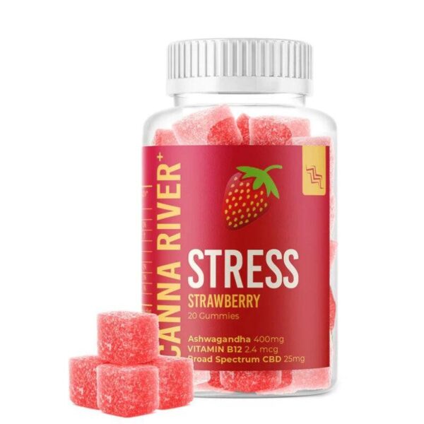 Canna River CBD Strawberry Broad Spectrum Stress Gummies 400mg | Ashwagandha | Vitamin B12 | THC Free | Third Party Tested