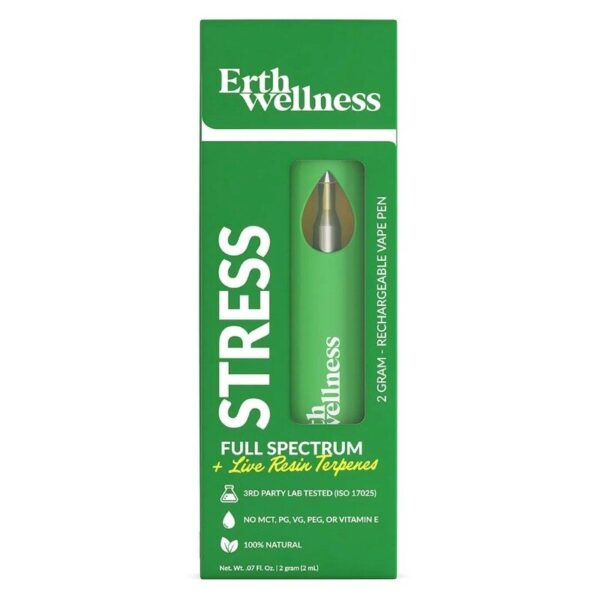 Erth Wellness Stress Full Spectrum Live Resin CBD Disposable Vape 2G – 2000mg CBD with Terpenes, Rechargeable, 3.7V, 1.2ohm Coil, <0.3% THC