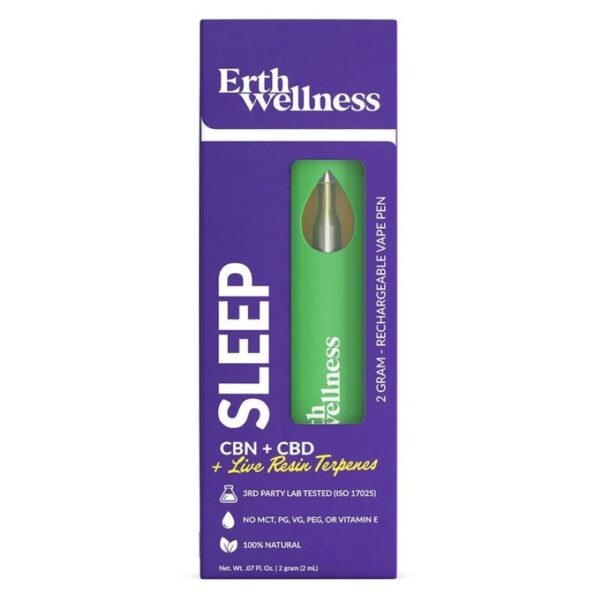 Erth Wellness Sleep CBD Blend Disposable Vape 2G – 2000mg CBD with CBN and Live Resin Terpenes, Rechargeable, Dual Airflow, 1.2ohm Coil, <0.3% THC