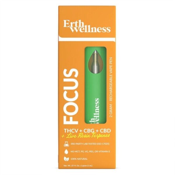Erth Wellness Focus CBD Blend Disposable Vape 2G – 2000mg CBD, Rechargeable, Dual Airflow, 1.2ohm Coil, <0.3% THC