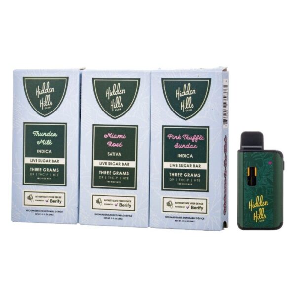 Hidden Hills Live Sugar Bar HTE Disposable Vape: 3G THC Blend, Rechargeable, Button-Activated – Sleek and Portable